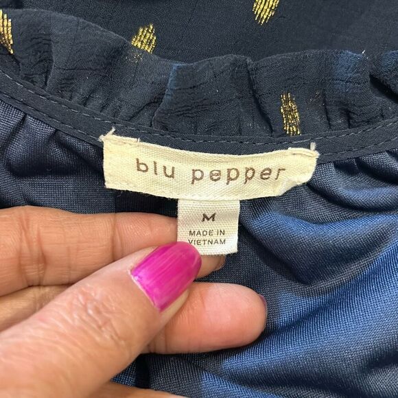 #542 Blu Pepper navy blue gold leaf, long sleeve, Boho style dress size medium - Picture 9 of 11